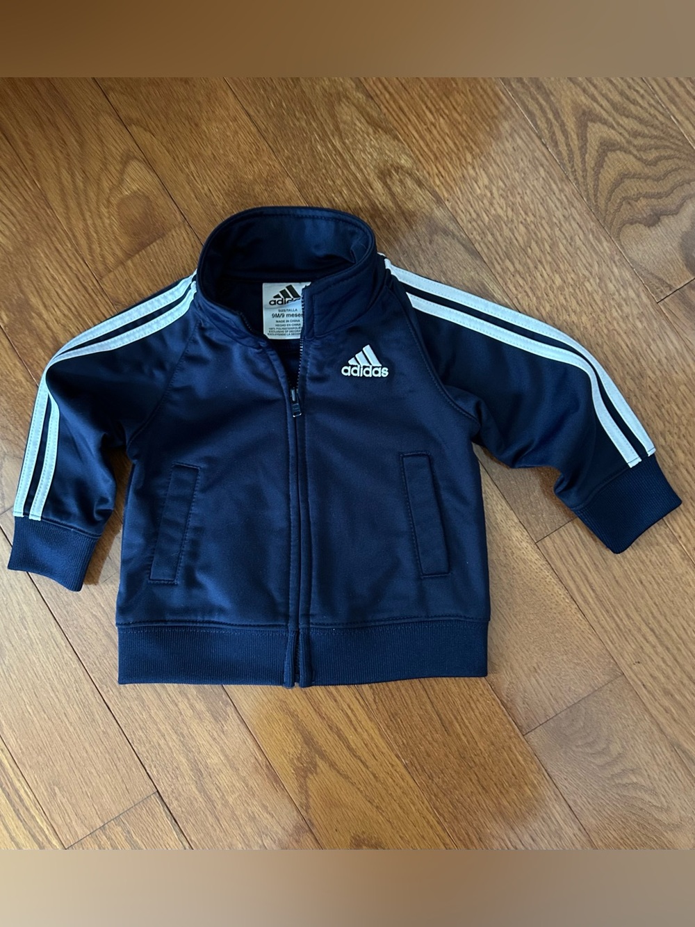Adidas Navy Boys Jacket with White Sleeve Stripes Size 9M